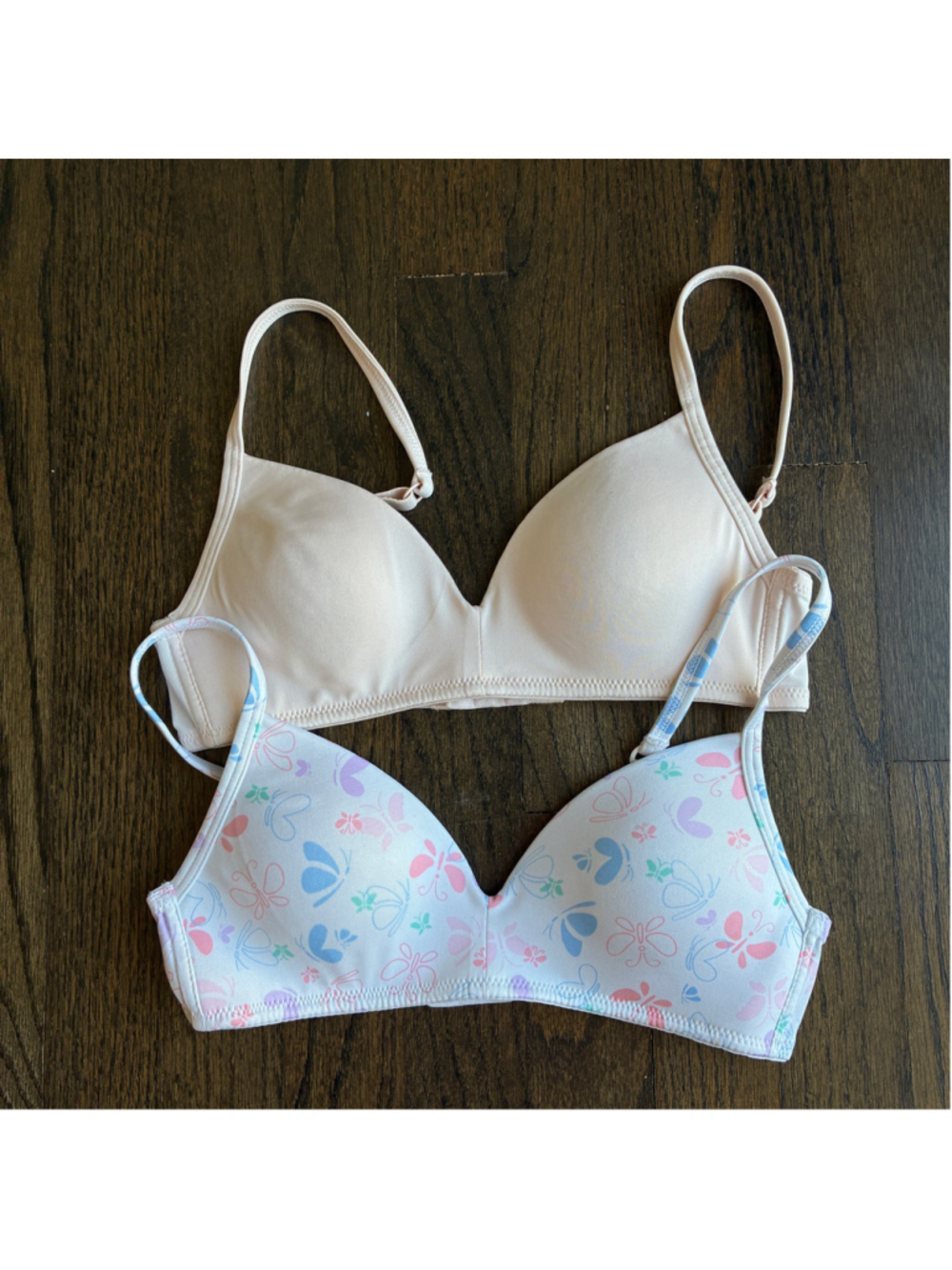 Hanes Girls 2-Pack Molded Wirefree T-Shirt Bras Beige & Butterfly Size 30A